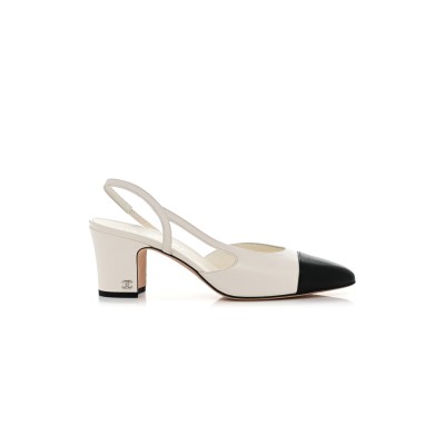 CHANEL LAMBSKIN CAP TOE CC SLINGBACK PUMPS WHITE BLACK 